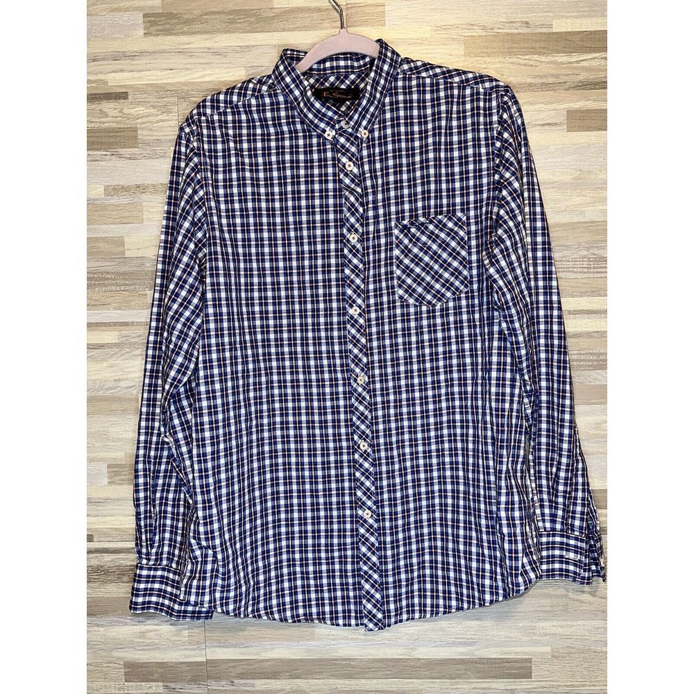 Ben Sherman Mens XL Casual Button Down Blue Plaid Long Sleeve #285